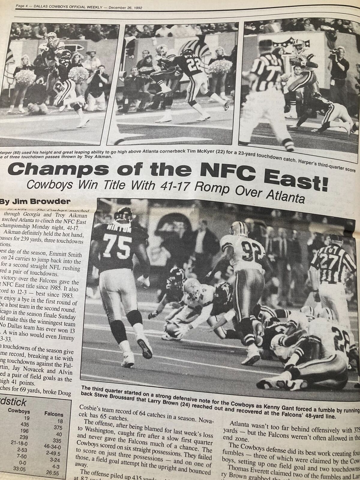 Page four of Dallas Cowboys Weekly Newspaper December 26 1992 Vol 19 #28 reporting on the Cowboys clinching the NFC East title with a 41-17 victory over Atlanta.