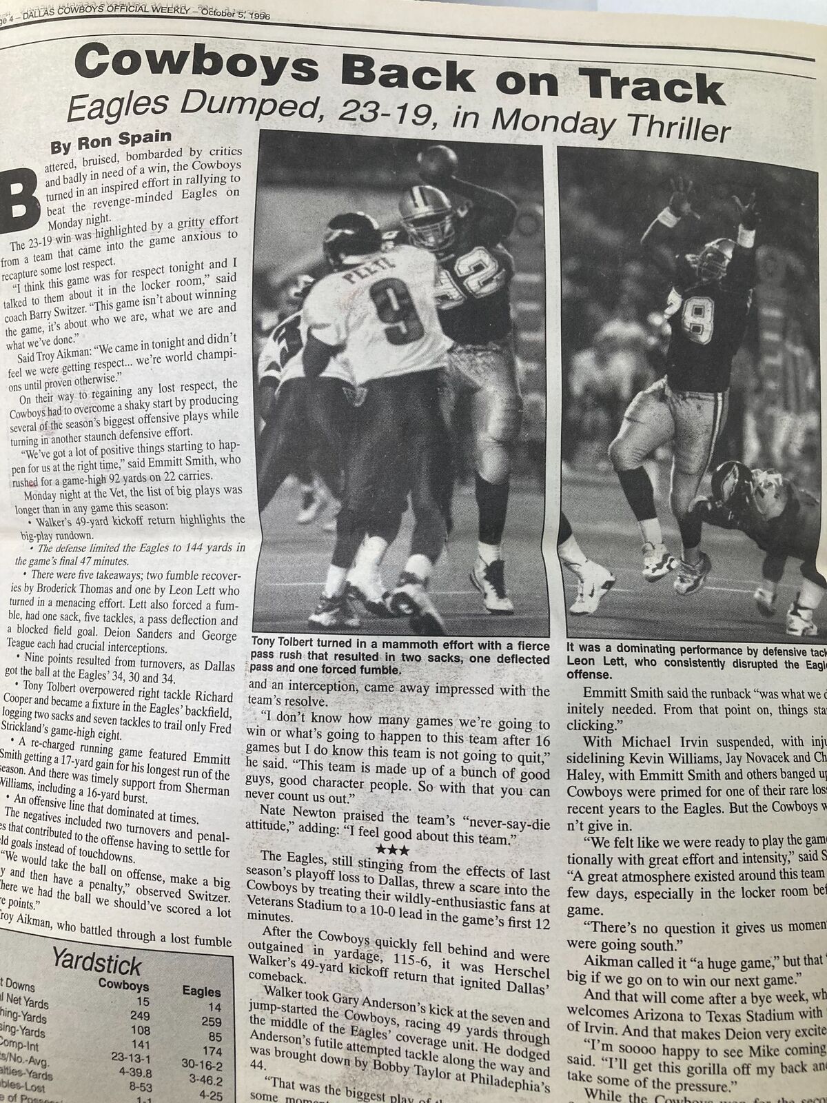 Continuation of the article 'Cowboys Back on Track' from the Dallas Cowboys Weekly Newspaper, detailing player performances in the Cowboys vs Eagles game.