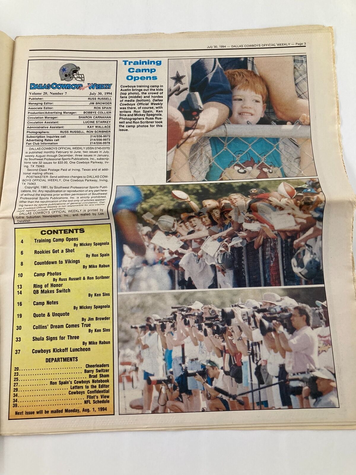 Dallas Cowboys Weekly Newspaper July 30 1994 Vol 20 #7 layout highlighting an article about the Dallas Cowboys Training Camp.
