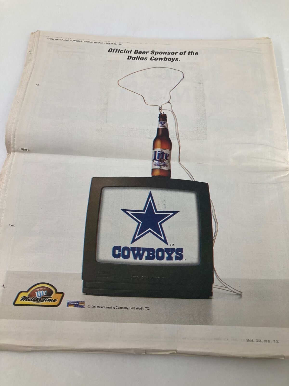 Dallas Cowboys Weekly Newspaper August 30 1997 Vol 23 #12 featuring an advertisement for Miller Beer, showcasing a television with the Dallas Cowboys logo and a beer bottle, highlighting the official beer sponsorship.