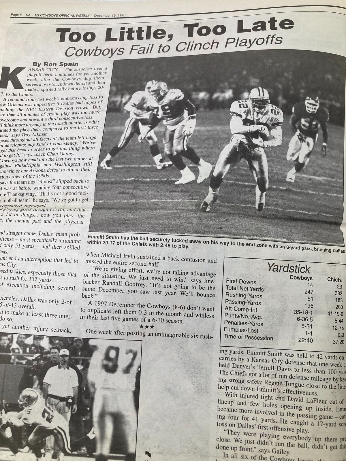 Article titled 'Too Little, Too Late' in the Dallas Cowboys Weekly newspaper from December 16, 1998, detailing the team's performance and playoff status.
