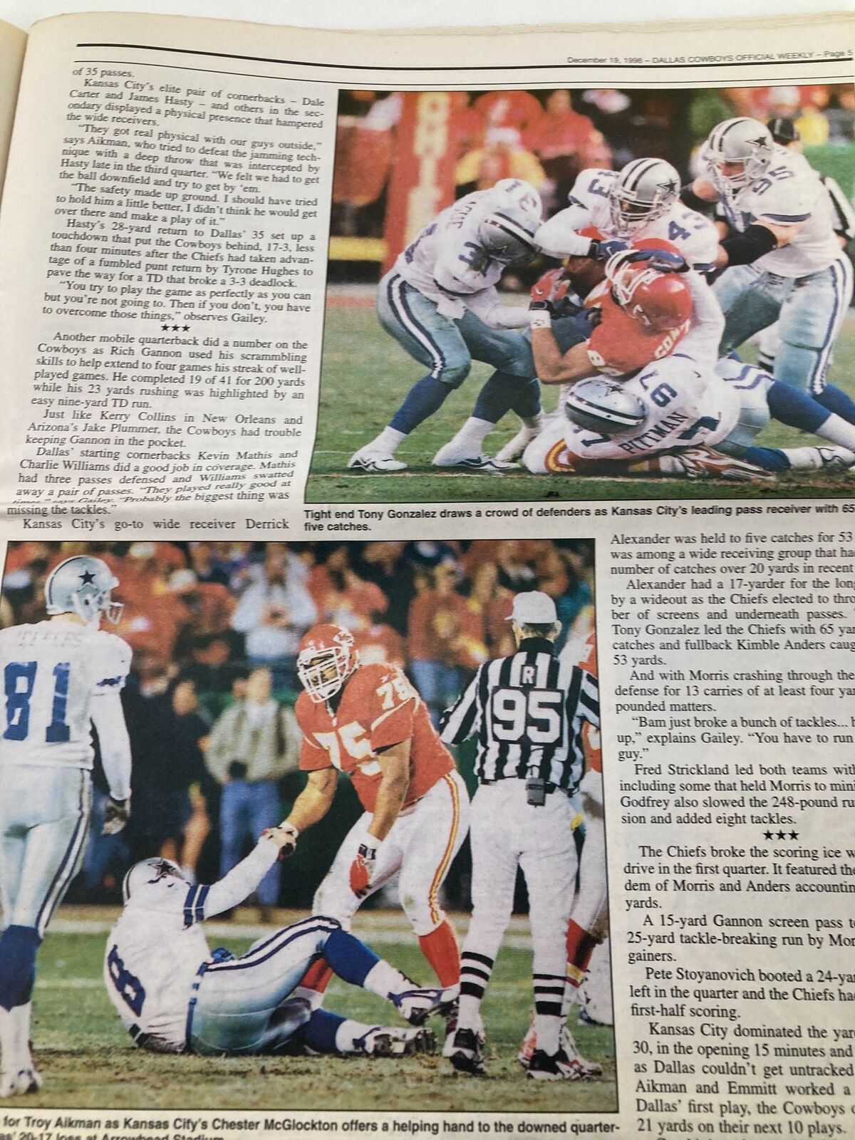 Photo from Dallas Cowboys Weekly newspaper dated December 16, 1998, showing a play involving key players from the Cowboys and Chiefs.
