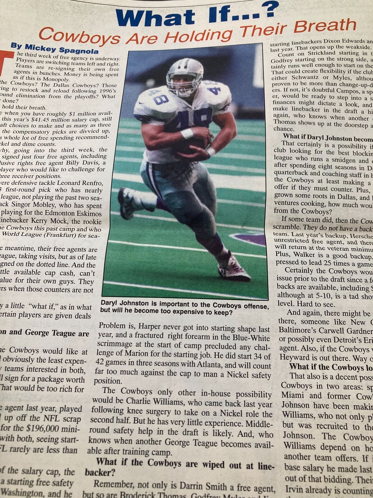 Inside article from the Dallas Cowboys Weekly Newspaper, March 1997, Vol 23 #2 discussing Daryl Johnston's importance to the team's strategy.