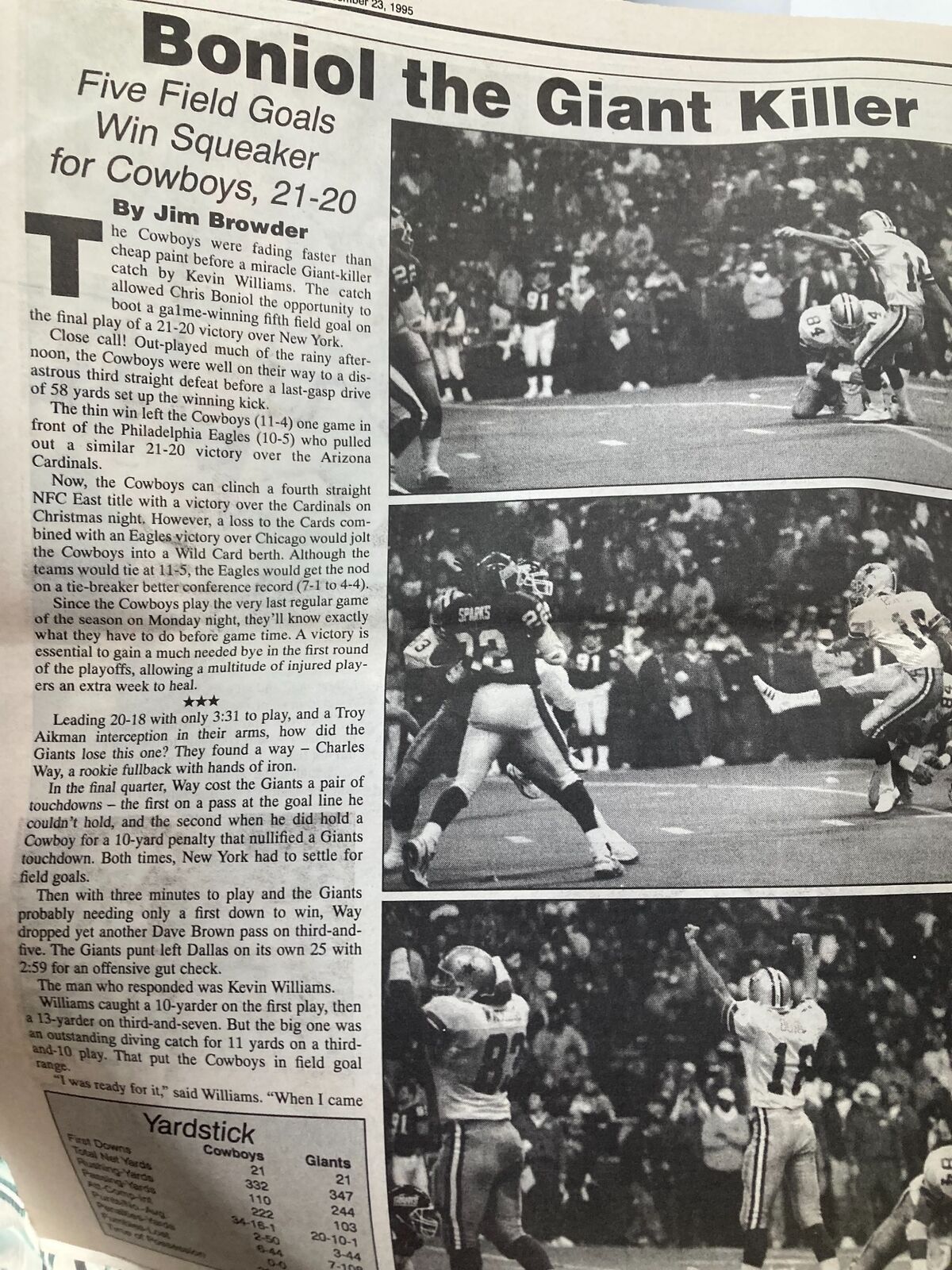 Article page from Dallas Cowboys Weekly Newspaper December 23 1995 Vol 21 #28 discussing the Dallas Cowboys' victory with Five Field Goals.