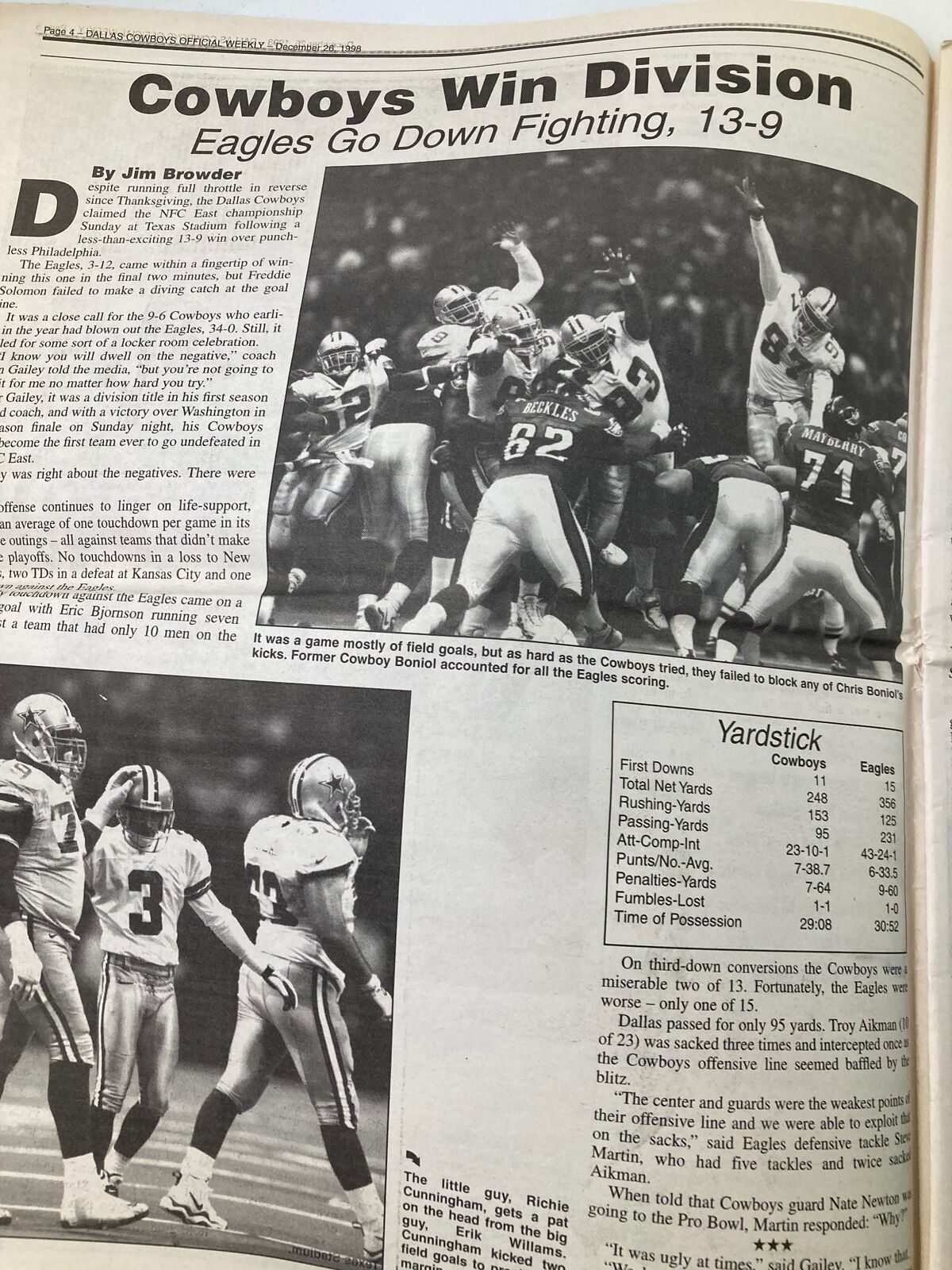 Article page from Dallas Cowboys Weekly Newspaper December 26, 1998, detailing the Cowboys' division win against the Eagles.
