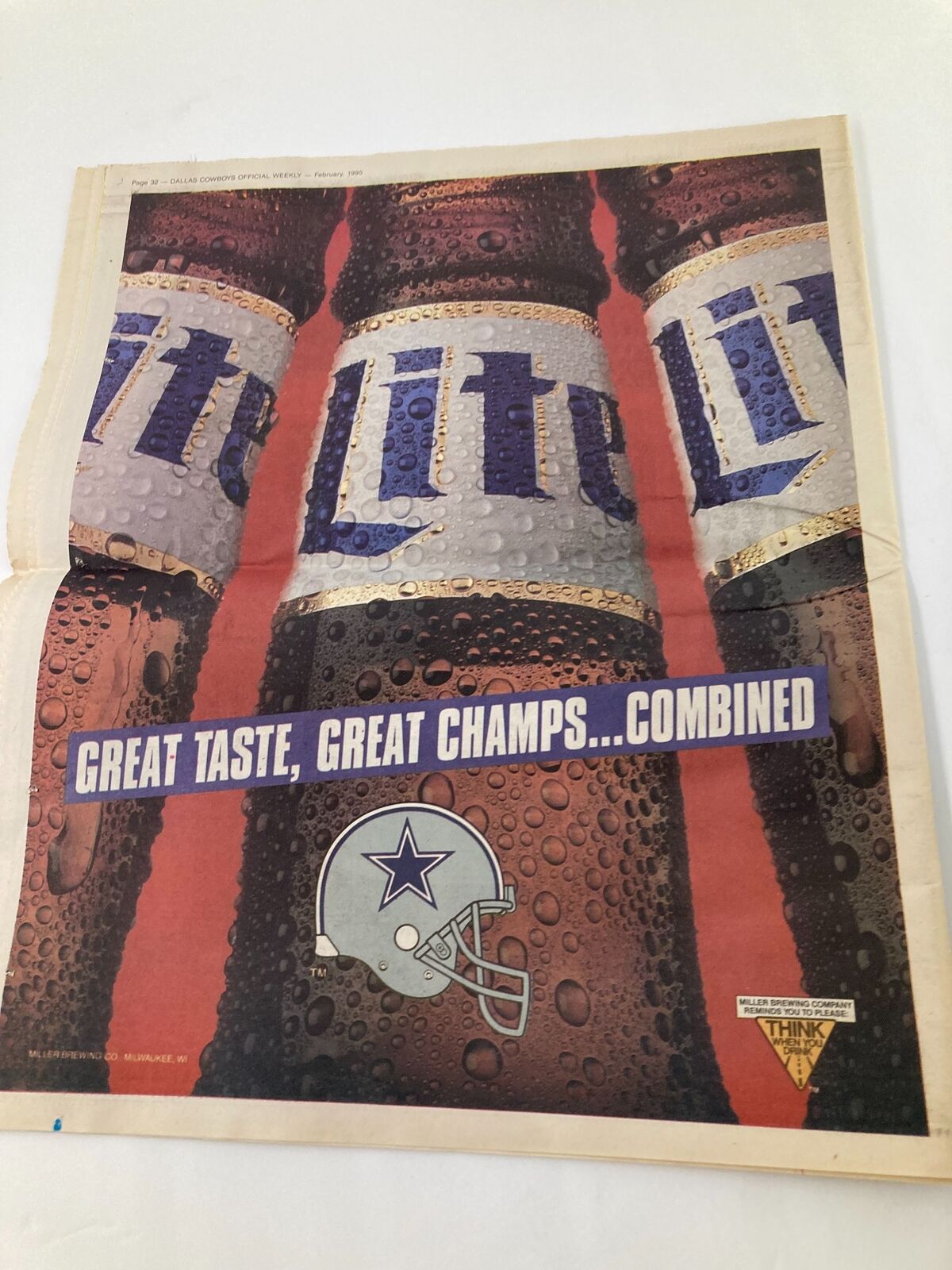 Dallas Cowboys Weekly Newspaper February 1995 Vol 21 #1 advertisement featuring Miller Lite beer, promoting great taste in line with Dallas Cowboys team spirit.