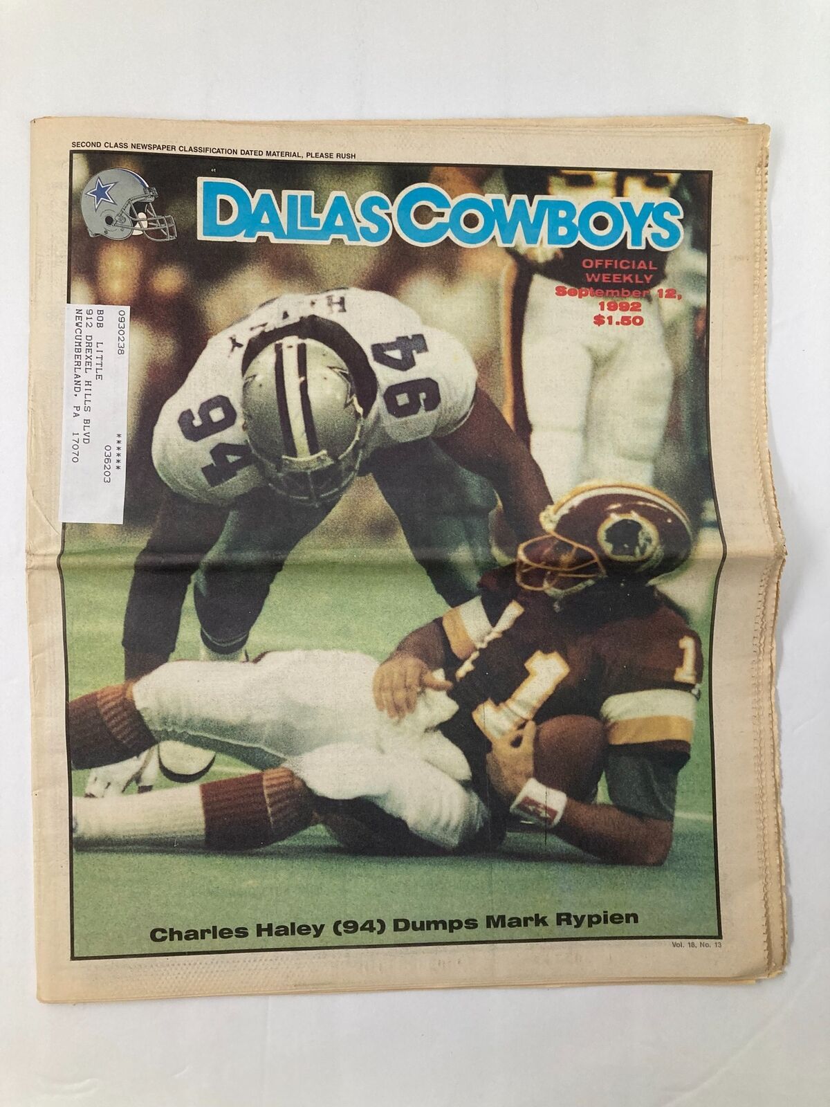 Dallas Cowboys Weekly Newspaper September 12 1992 featuring Charles Haley (94) tackling Mark Rypien, showcasing highlights of the game.