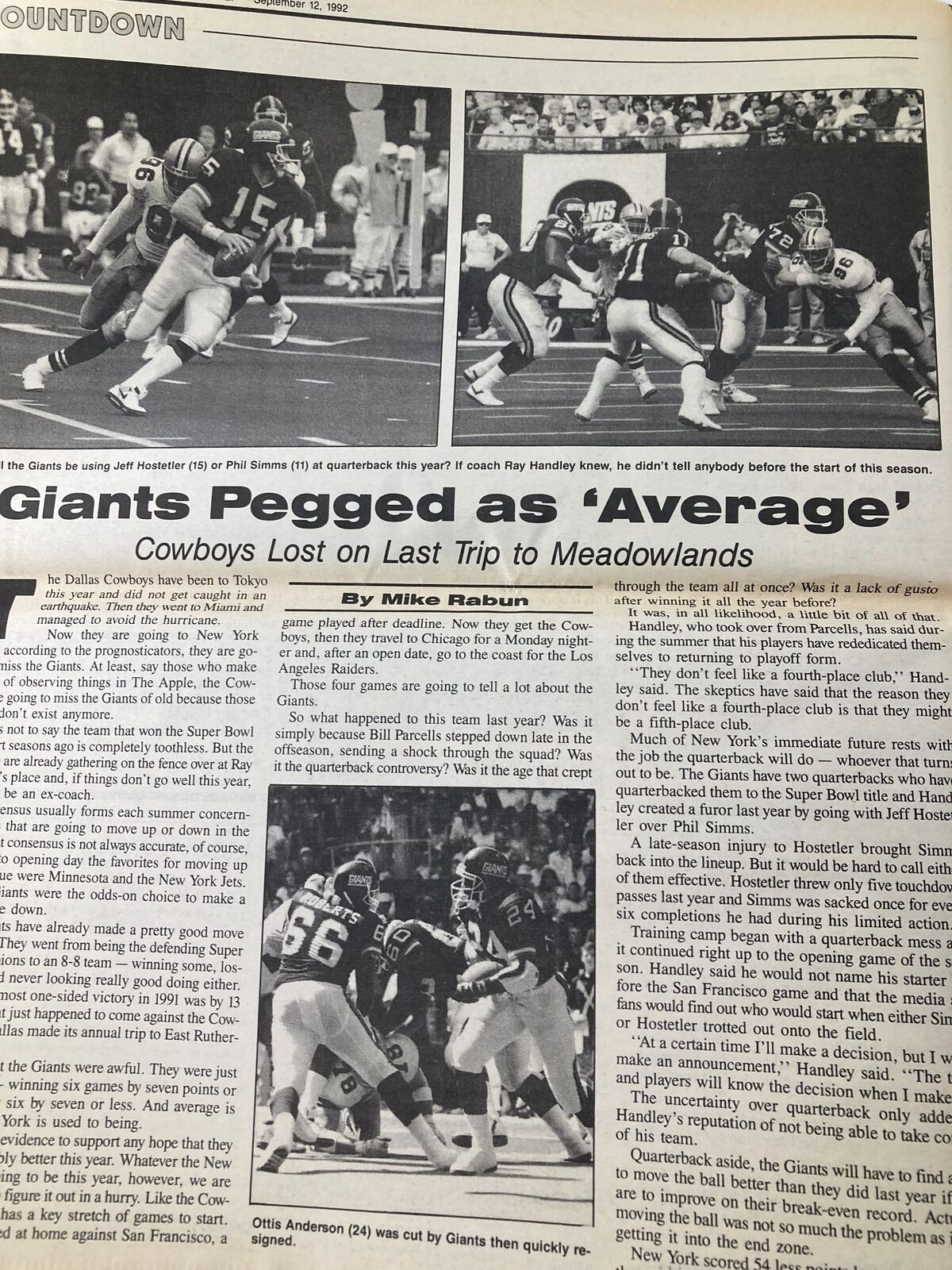 Dallas Cowboys Weekly Newspaper September 12 1992 featuring a sports article titled 'Giants Pegged as Average' discussing the Dallas Cowboys and their last trip to Meadowlands with player images.