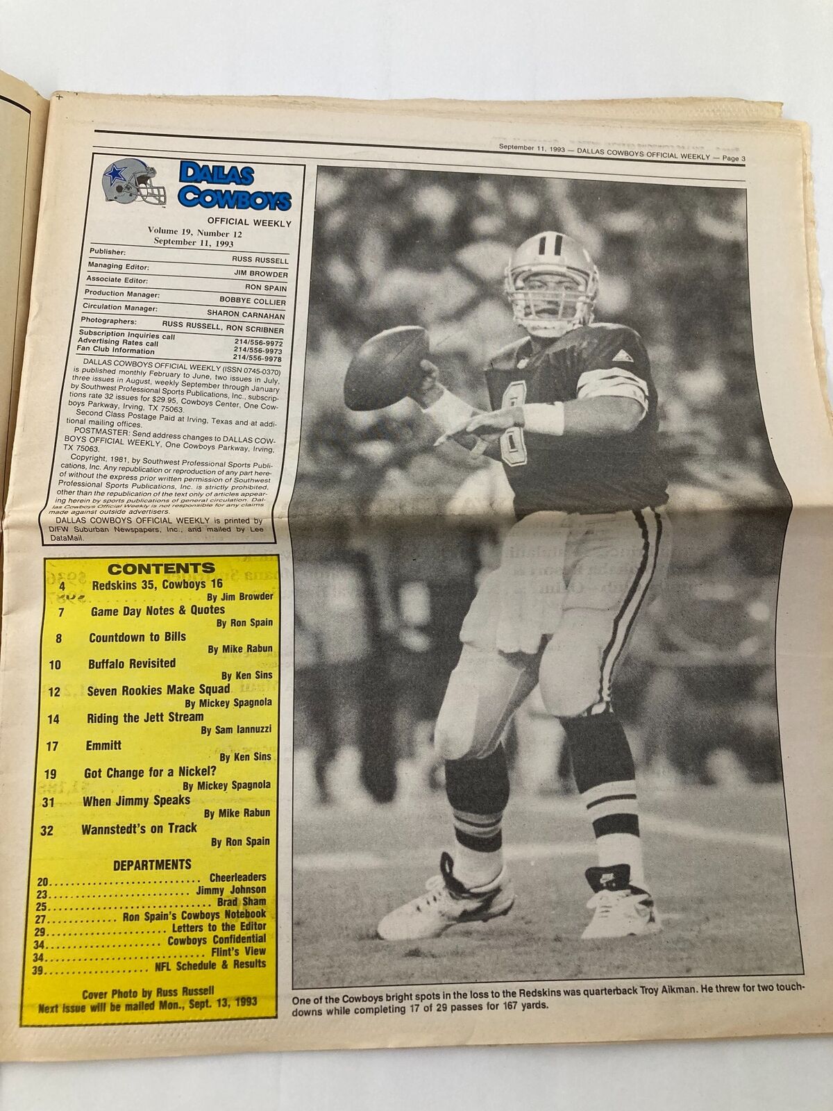Dallas Cowboys Weekly Newspaper September 11 1993 Vol 19 #12 displaying quarterback Troy Aikman preparing for a pass during a game, with an engaging layout of articles.