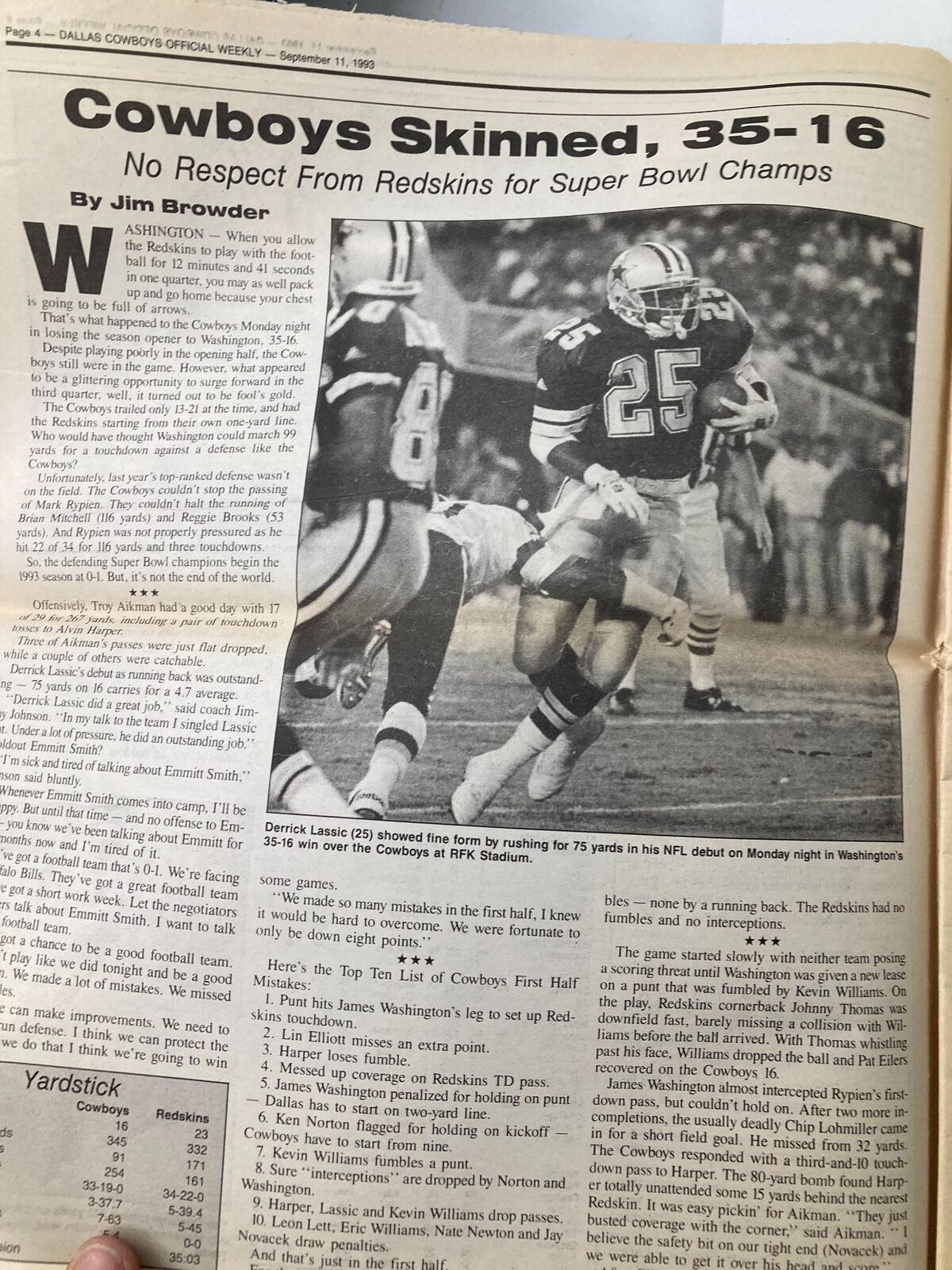 Dallas Cowboys Weekly Newspaper September 11 1993 Vol 19 #12 Troy Aikman shows the game recap headlines and player details, emphasizing the Cowboys' performance.