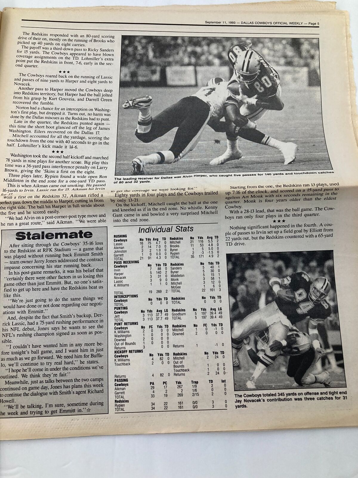 Dallas Cowboys Weekly Newspaper September 11 1993 Vol 19 #12 Troy Aikman presents a detailed statistics page from the Cowboys game, including individual player stats and notes.