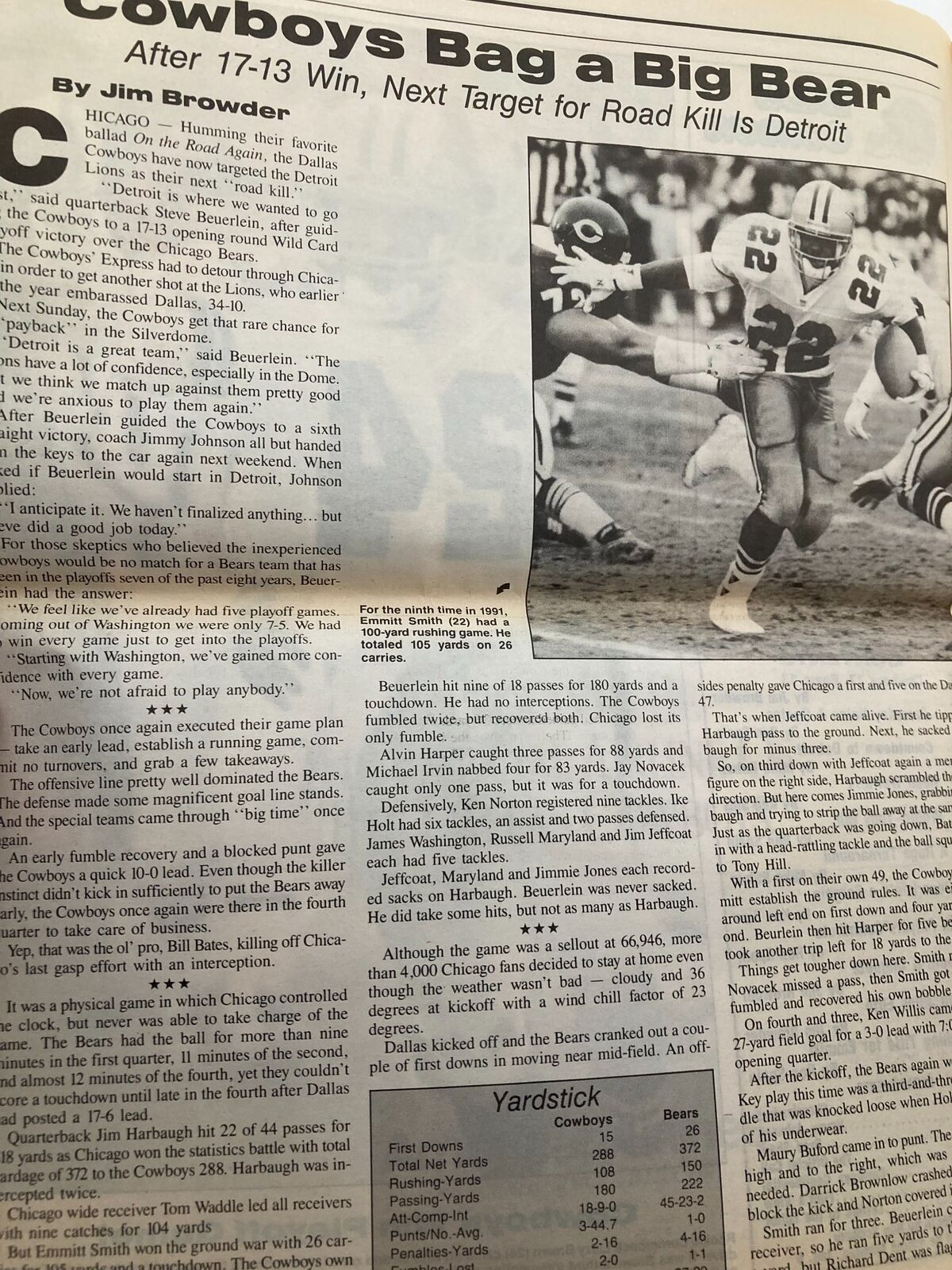 Dallas Cowboys Weekly Newspaper January 4 1992 Vol 17 #30 Jimmie Jones with an article about the Dallas Cowboys defeating the Chicago Bears, highlighting key plays and players.