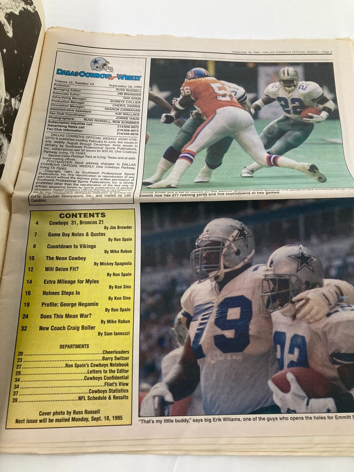 Dallas Cowboys Weekly Newspaper September 16 1995, Vol 21 #14 featuring game highlights, player statistics, and a photo of Cowboys players in action. Good condition with minor wear.