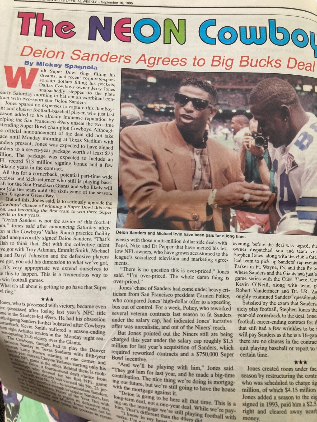 Dallas Cowboys Weekly Newspaper September 16 1995, Vol 21 #14 featuring an article on Deion Sanders with a photo of him at a press event.