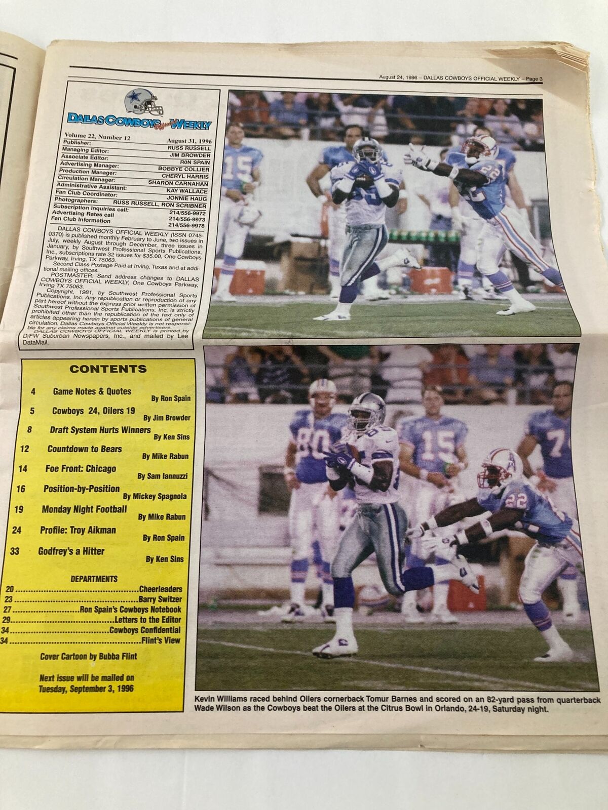 Inside page of the Dallas Cowboys Weekly Newspaper from August 31, 1996, showing game highlights and player performances, including Kevin Williams.