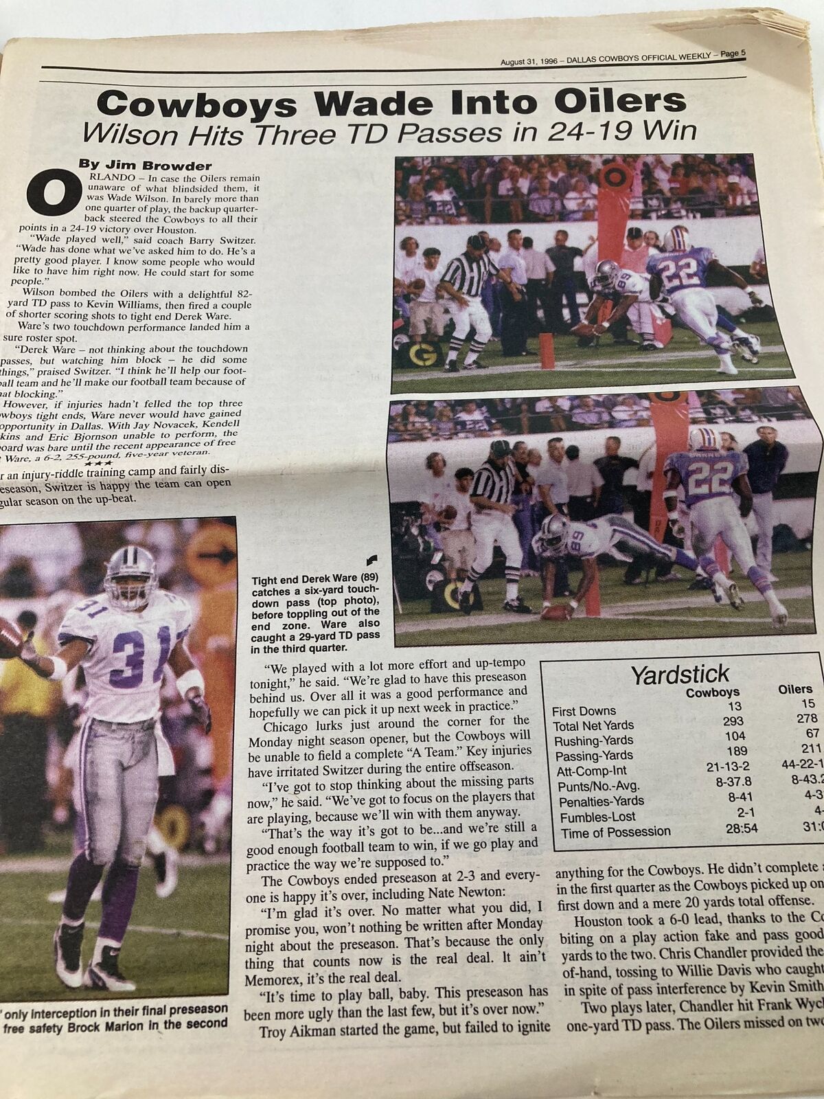 Dallas Cowboys Weekly Newspaper August 31 1996 Vol 22 #12 featuring an article titled 'Cowboys Wade Into Oilers' with highlights of the game and player statistics.