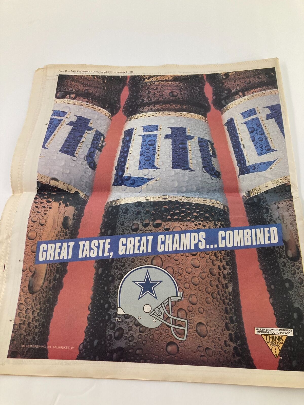 Dallas Cowboys Weekly Newspaper January 7 1995 Vol 20 #30 Kevin Williams featuring an advertisement for Miller beer with the phrase 'Great Taste, Great Champs...Combined' and a Dallas Cowboys logo, showcasing vintage sports memorabilia.