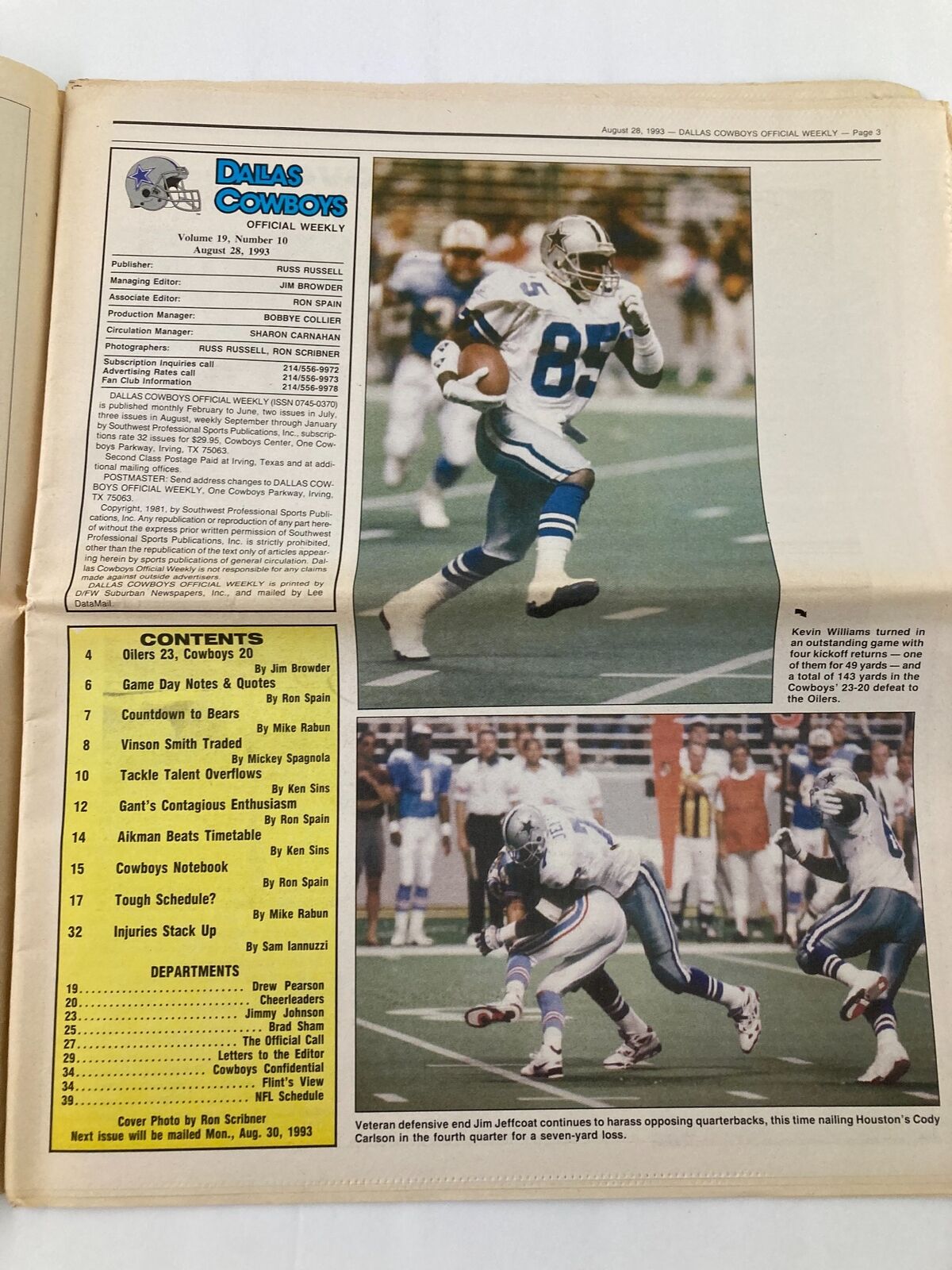 Interior page of Dallas Cowboys Weekly Newspaper August 28, 1993, showcasing player highlights and game contents related to Kevin Williams.