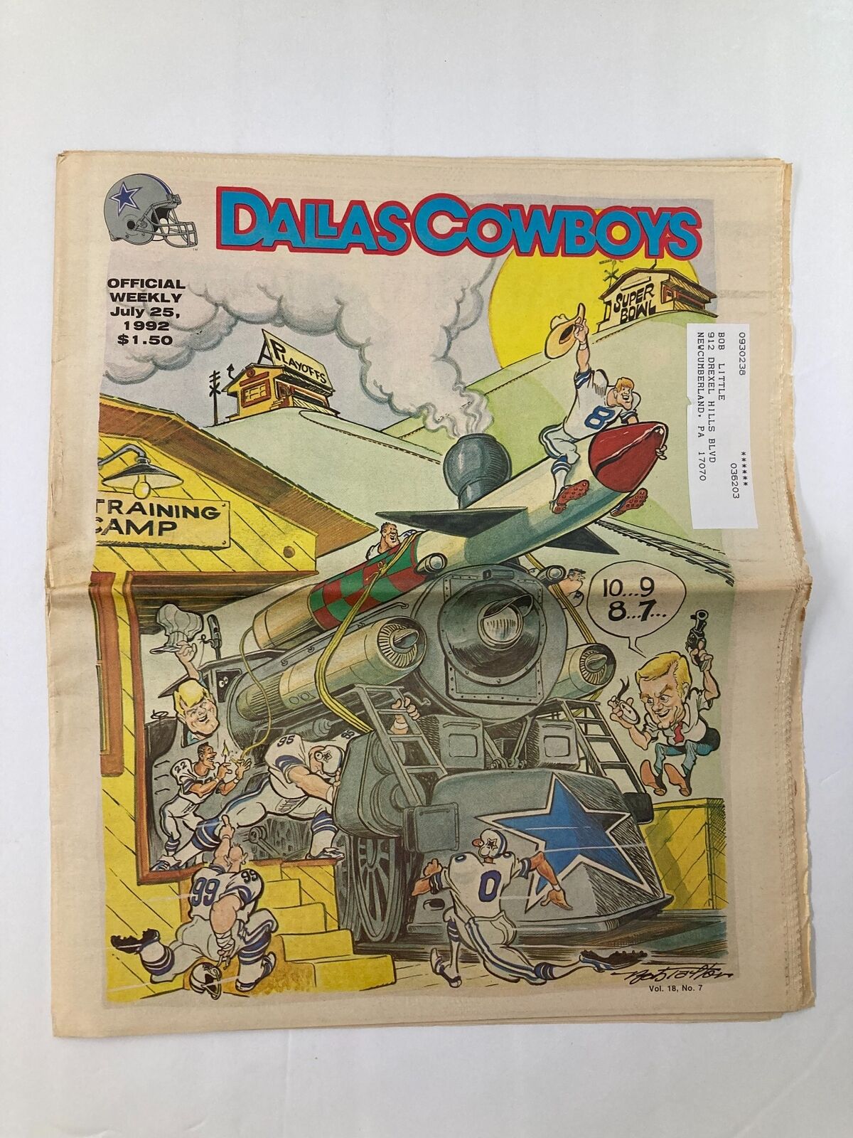 Cover of Dallas Cowboys Weekly Newspaper dated July 25, 1992, featuring a colorful cartoon depicting Cowboys players at training camp.