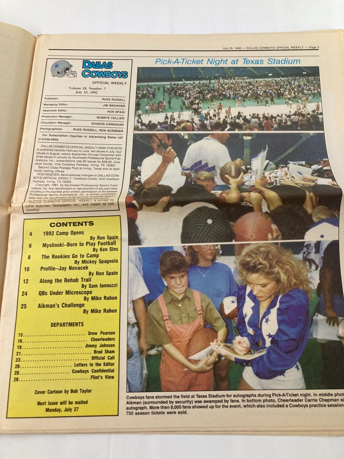 Inside page of the Dallas Cowboys Weekly Newspaper from July 25, 1992, highlighting Pick-A-Ticket Night at Texas Stadium with images of fans and players.