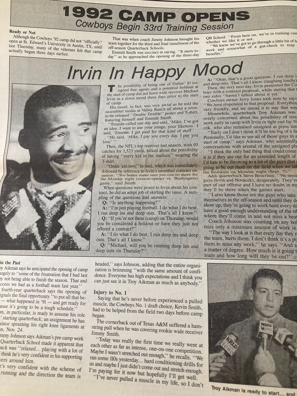Article page from the Dallas Cowboys Weekly Newspaper July 25, 1992, featuring a smiling Irvin discussing the Cowboys' training session.