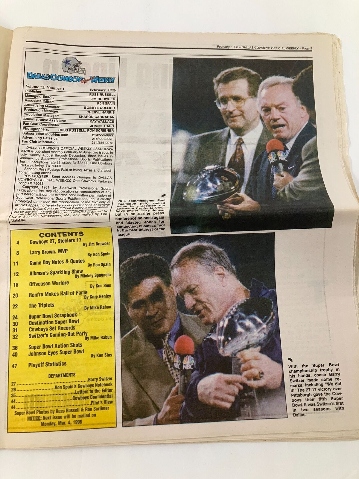 Inside page of Dallas Cowboys Weekly Newspaper February 1996 Vol 22 #1 showcasing post-Super Bowl celebration with key figures and trophy presentation.