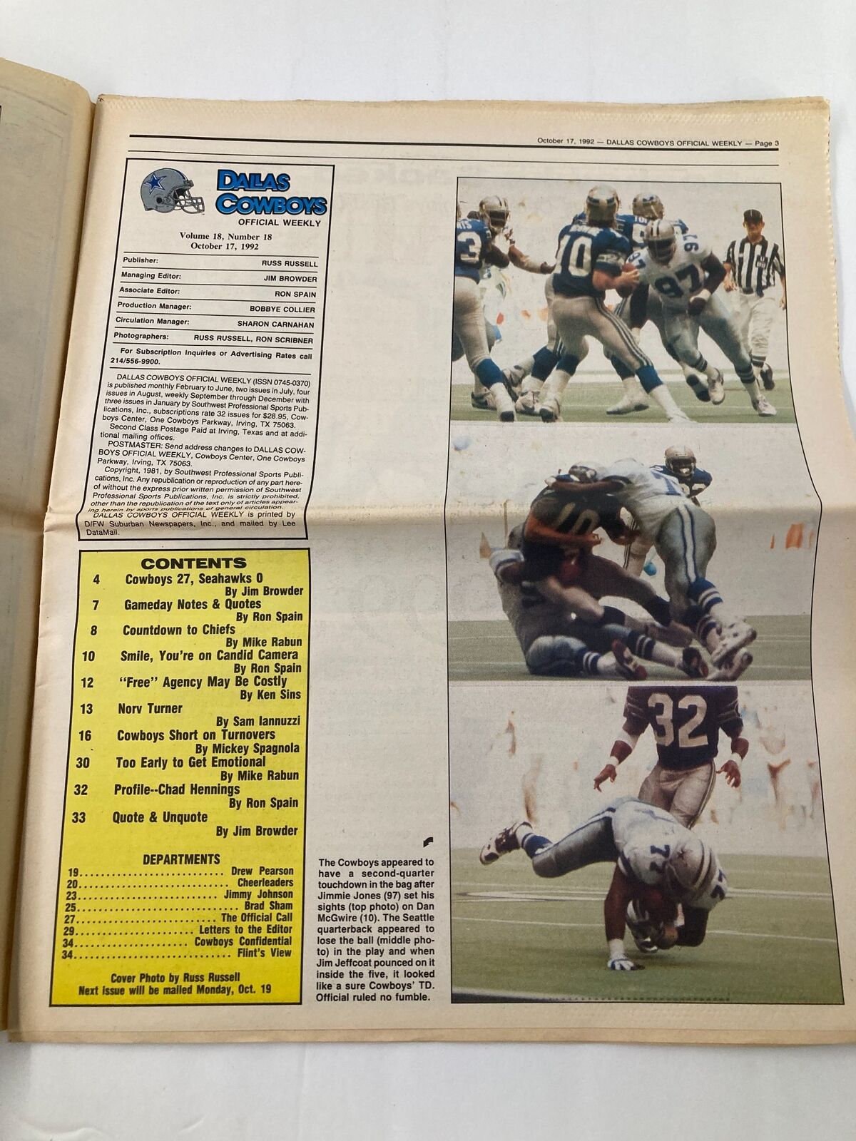 Dallas Cowboys Weekly Newspaper October 17 1992 Vol 18 #18 Emmitt Smith showcasing an article and game-related images, featuring the Cowboys versus the Seahawks.