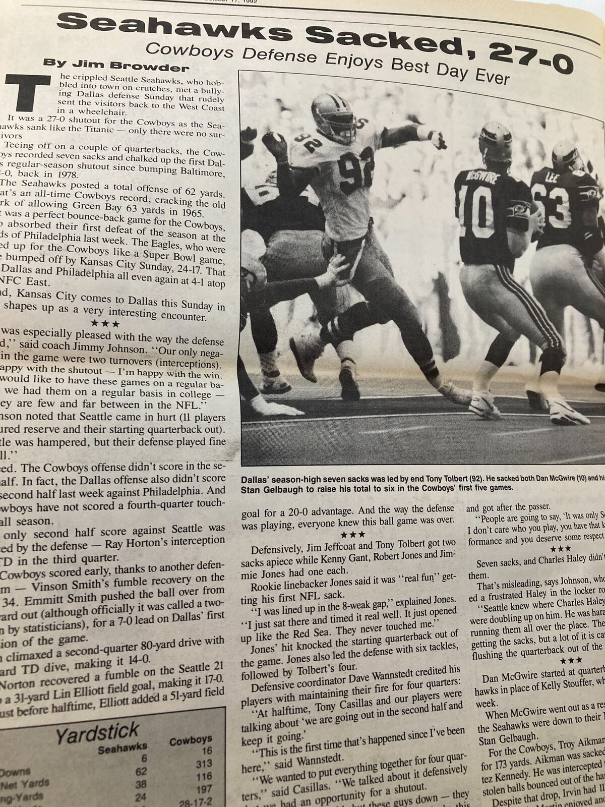 Dallas Cowboys Weekly Newspaper October 17 1992 Vol 18 #18 Emmitt Smith highlighting the Cowboys' defense performance in a game against the Seahawks, with player statistics and commentary.