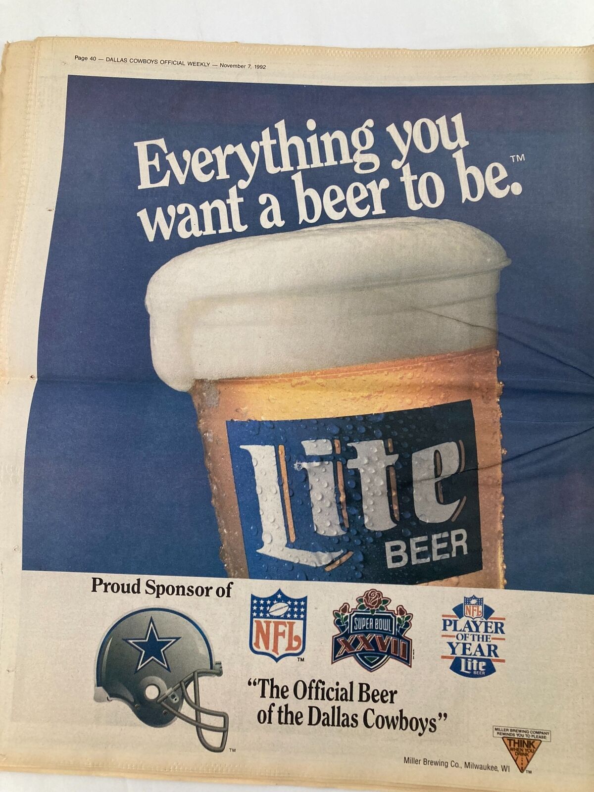Dallas Cowboys Weekly Newspaper November 7 1992 Vol 18 #21 featuring an advertisement for Lite Beer promoting it as the official beer of the Dallas Cowboys.