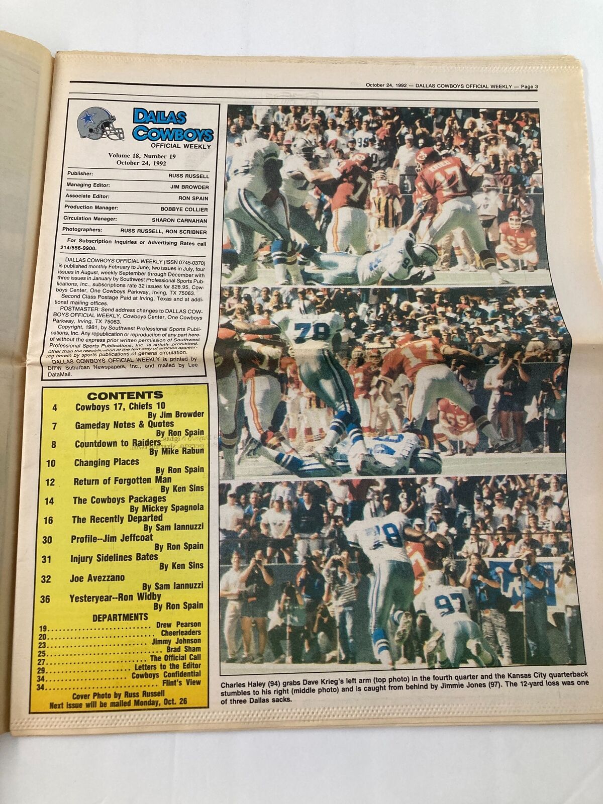 Page showing game highlights from Dallas Cowboys Weekly Newspaper October 24 1992 Vol 18 #19, featuring notable plays and players.