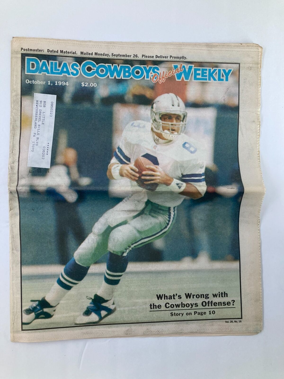 Dallas Cowboys Weekly Newspaper October 1 1994 Vol 20 #16 featuring Troy Aikman passing the football, highlighting the team's offense concerns.