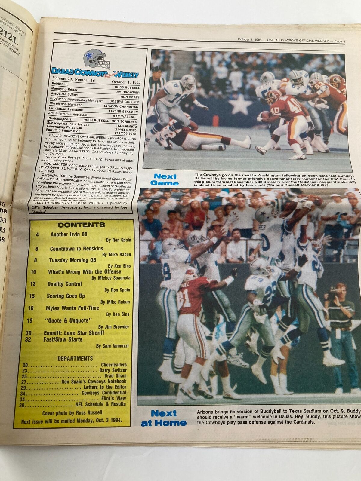 Inside page of Dallas Cowboys Weekly Newspaper October 1 1994 Vol 20 #16 showing the contents and article headlines about the Cowboys and their next game.