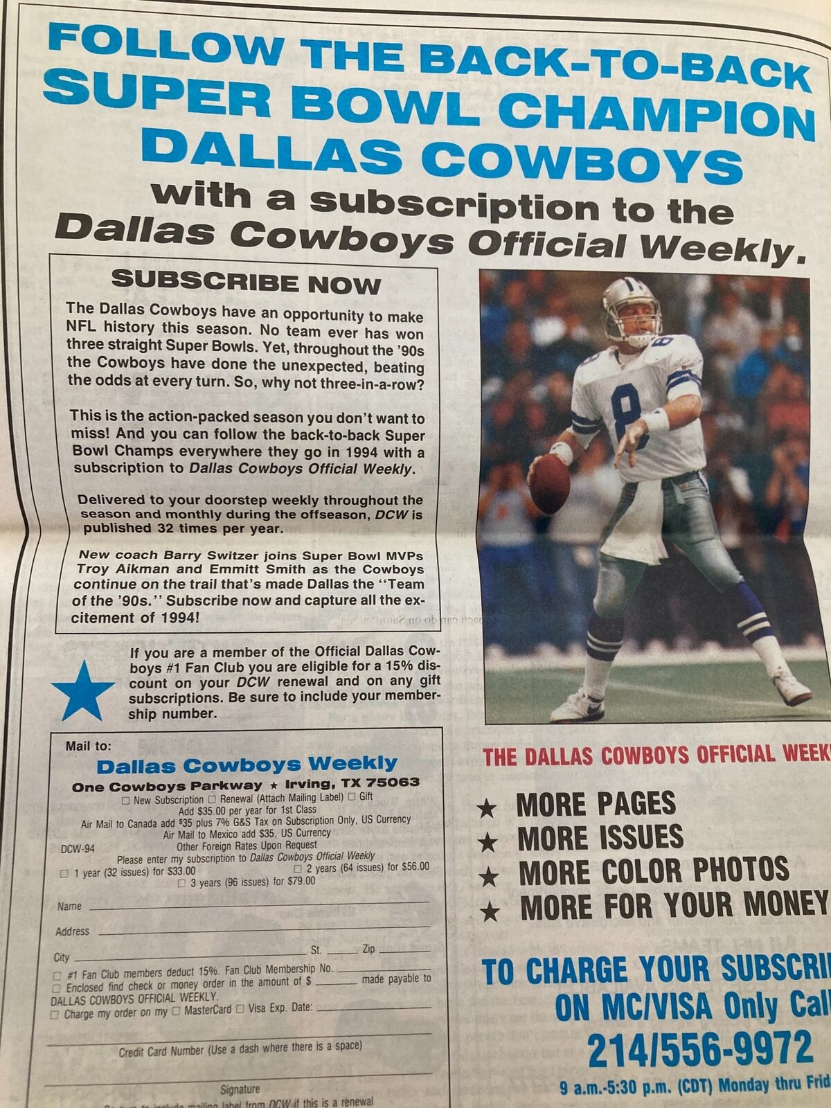 Promotional insert from the Dallas Cowboys Weekly Newspaper October 1 1994 Vol 20 #16 inviting readers to subscribe to the publication with a focus on Super Bowl champions.