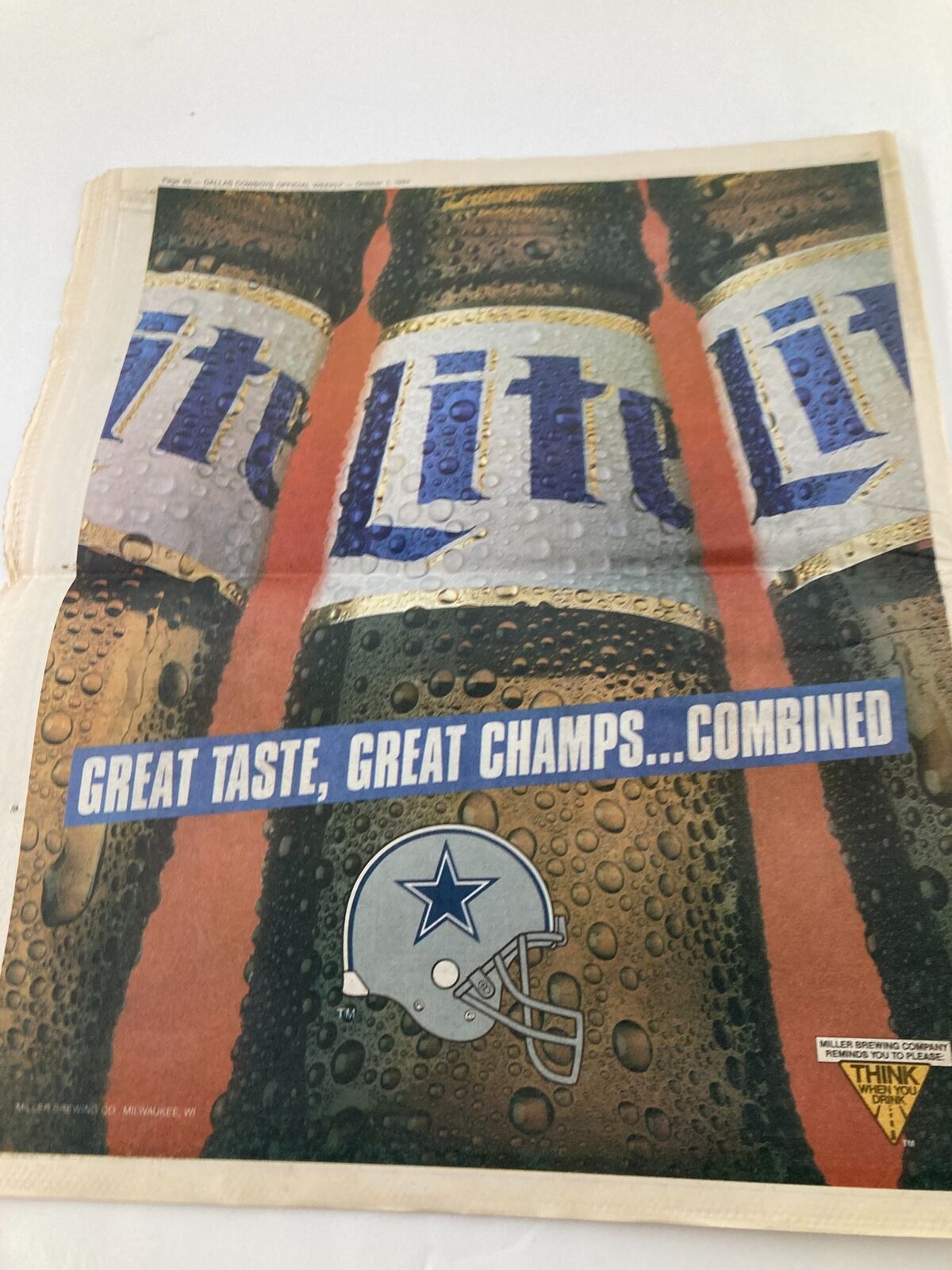 Back cover of Dallas Cowboys Weekly Newspaper October 1 1994 Vol 20 #16 featuring a Miller beer advertisement highlighting sponsorship with the Dallas Cowboys.