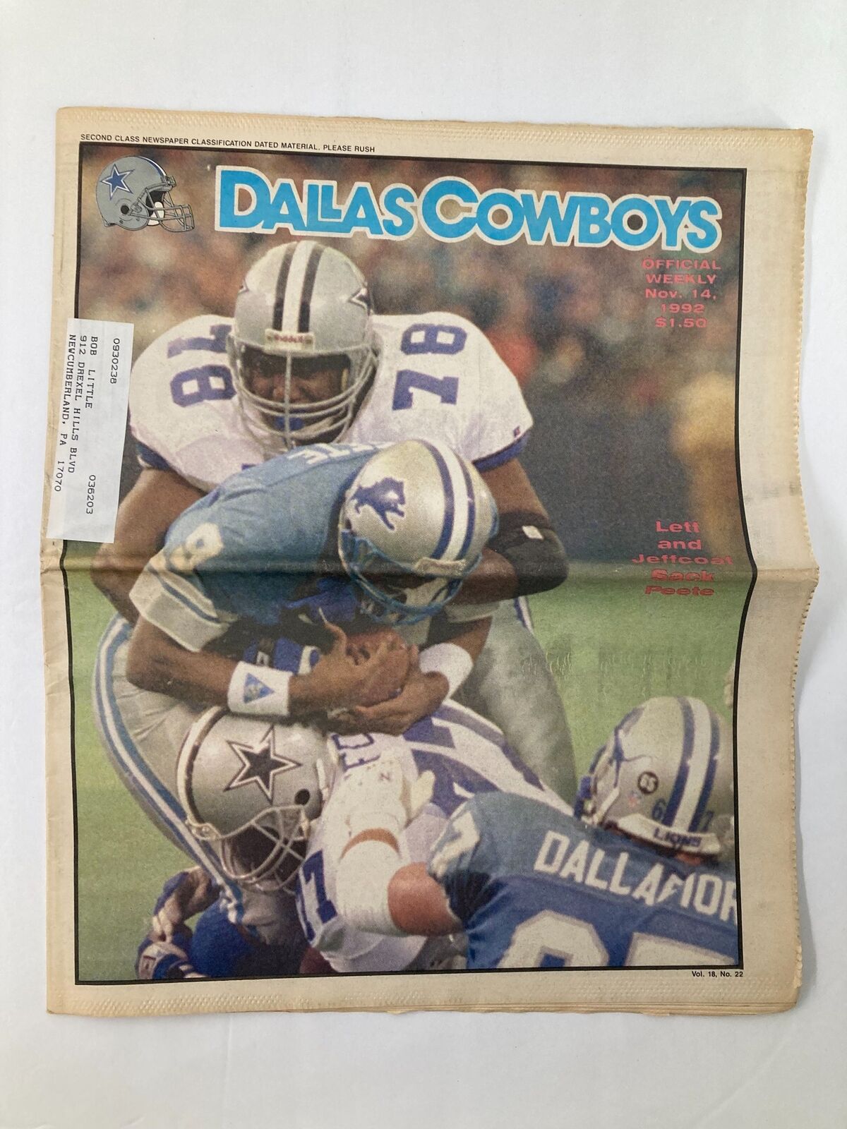 Dallas Cowboys Weekly Newspaper November 14 1992 featuring Leon Lett and Jim Jeffcoat, showcasing a football action scene with players tackling an opponent, highlighting the Dallas Cowboys team pride.