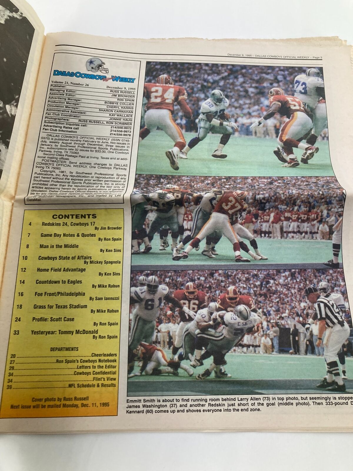 Dallas Cowboys Weekly Newspaper December 9 1995 Vol 21 #26 Emmith Smith featuring images of players in a football game, highlighting a crucial moment from the season.