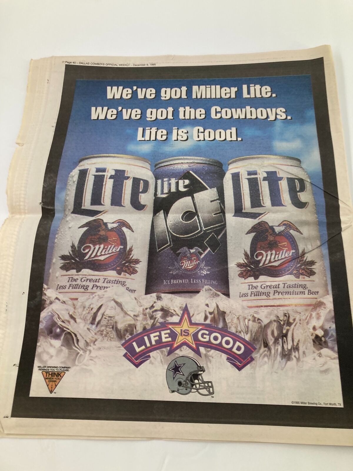 Dallas Cowboys Weekly Newspaper December 9 1995 Vol 21 #26 Emmith Smith, showcasing a vintage advertisement for Miller Lite featuring Cowboys themes.
