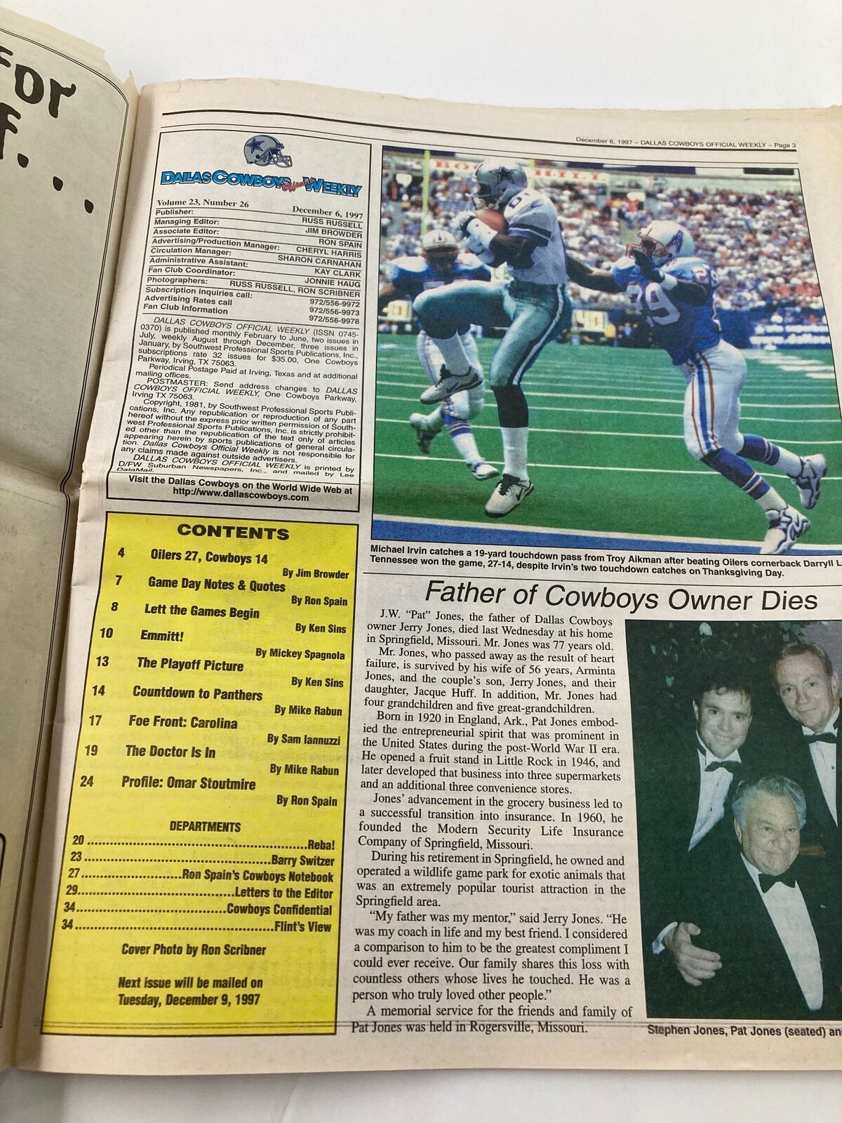 Interior page of the Dallas Cowboys Weekly newspaper from December 6, 1997, displaying the table of contents and key articles.