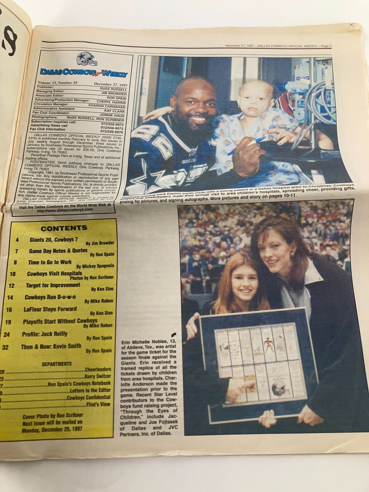 Inside page of Dallas Cowboys Weekly newspaper December 27, 1997, showcasing an article with images of a player and a child, alongside a section titled 'CONTENTS'.