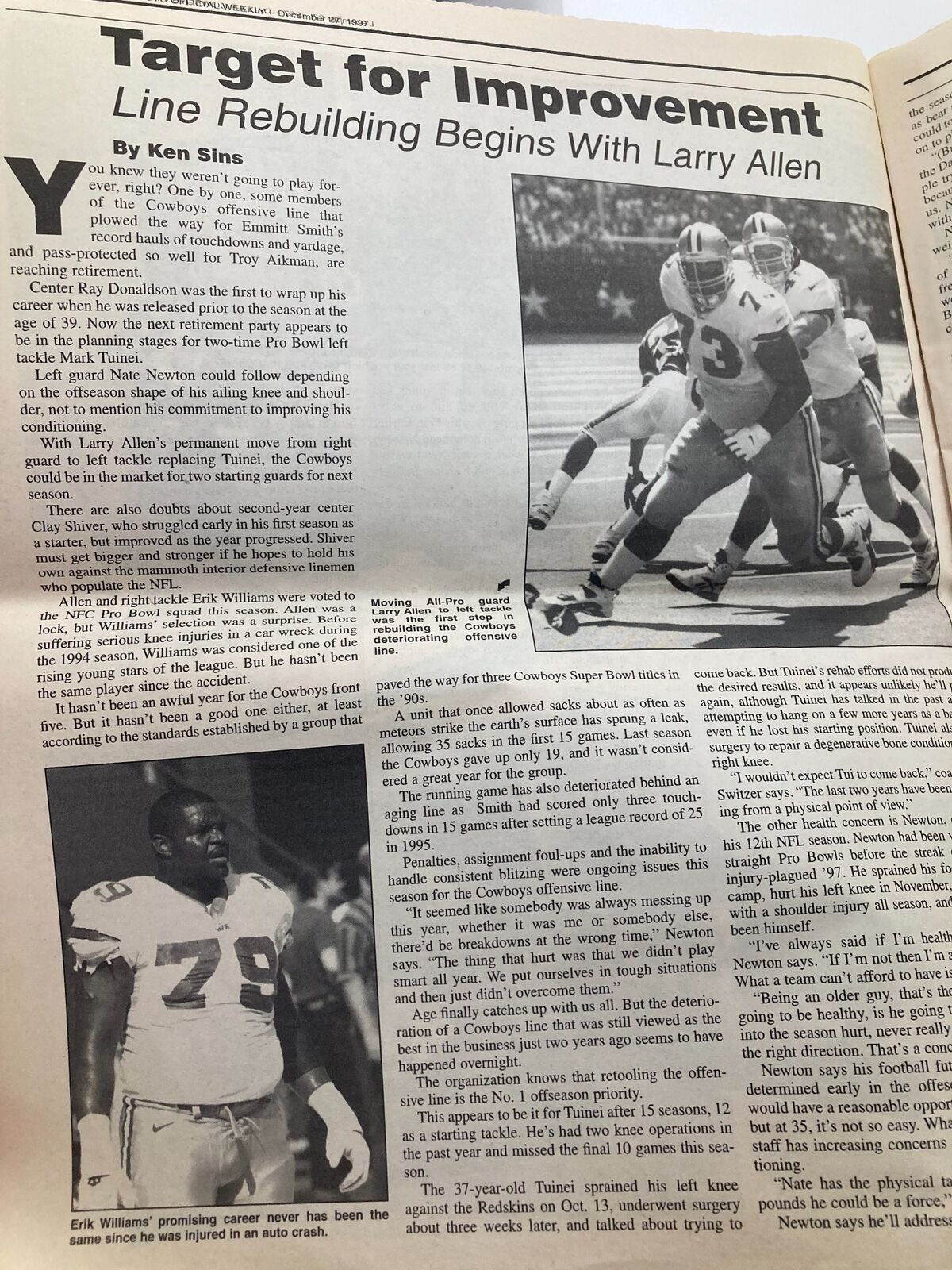Page from Dallas Cowboys Weekly newspaper dated December 27, 1997, discussing line rebuilding with Larry Allen, highlighting team strategy and player roles.