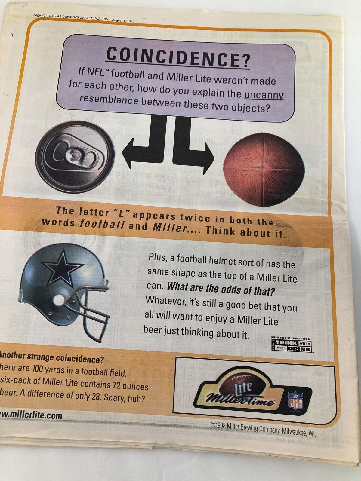 Dallas Cowboys Weekly Newspaper August 1 1998 Vol 24 #7 includes a humorous advertisement connecting NFL football with Miller Lite beer, showcasing the cultural crossover between sports and brands.