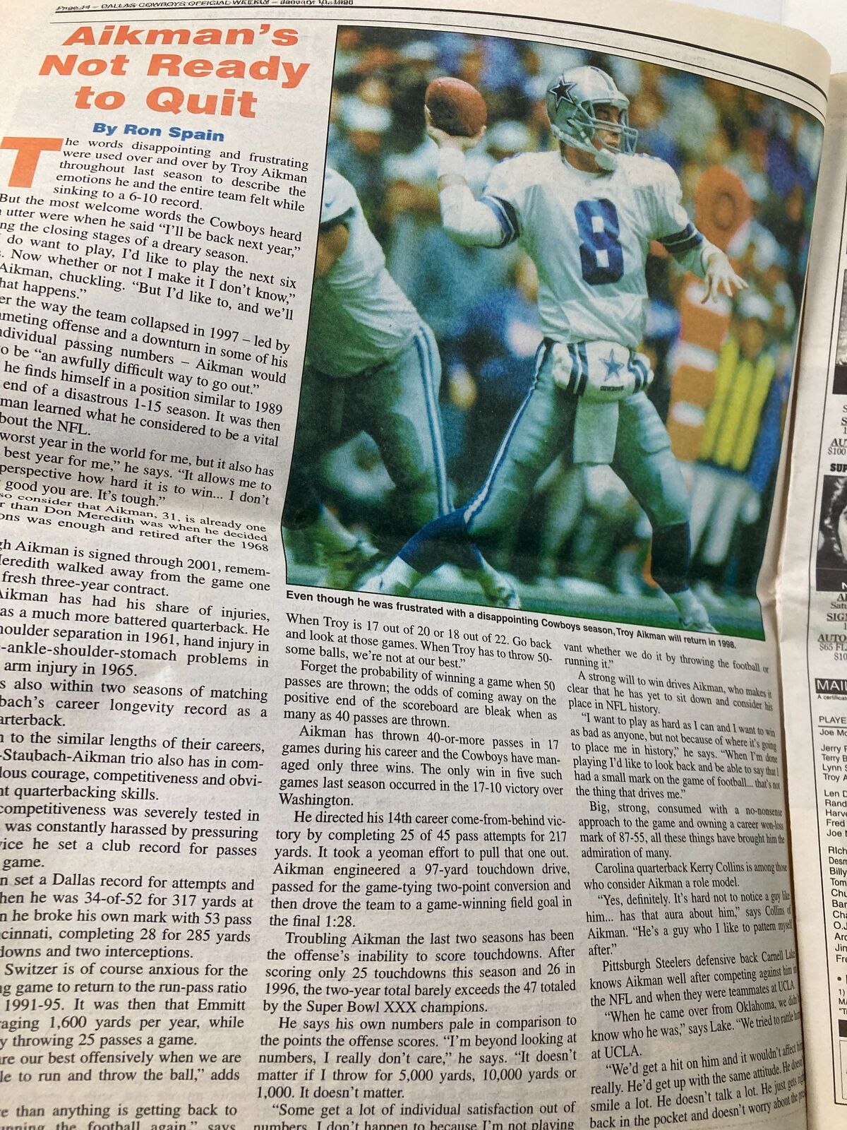 Article titled 'Aikman's Not Ready to Quit' from the Dallas Cowboys Weekly Newspaper January 10 1998 Vol 23 #31, focusing on Troy Aikman's career.
