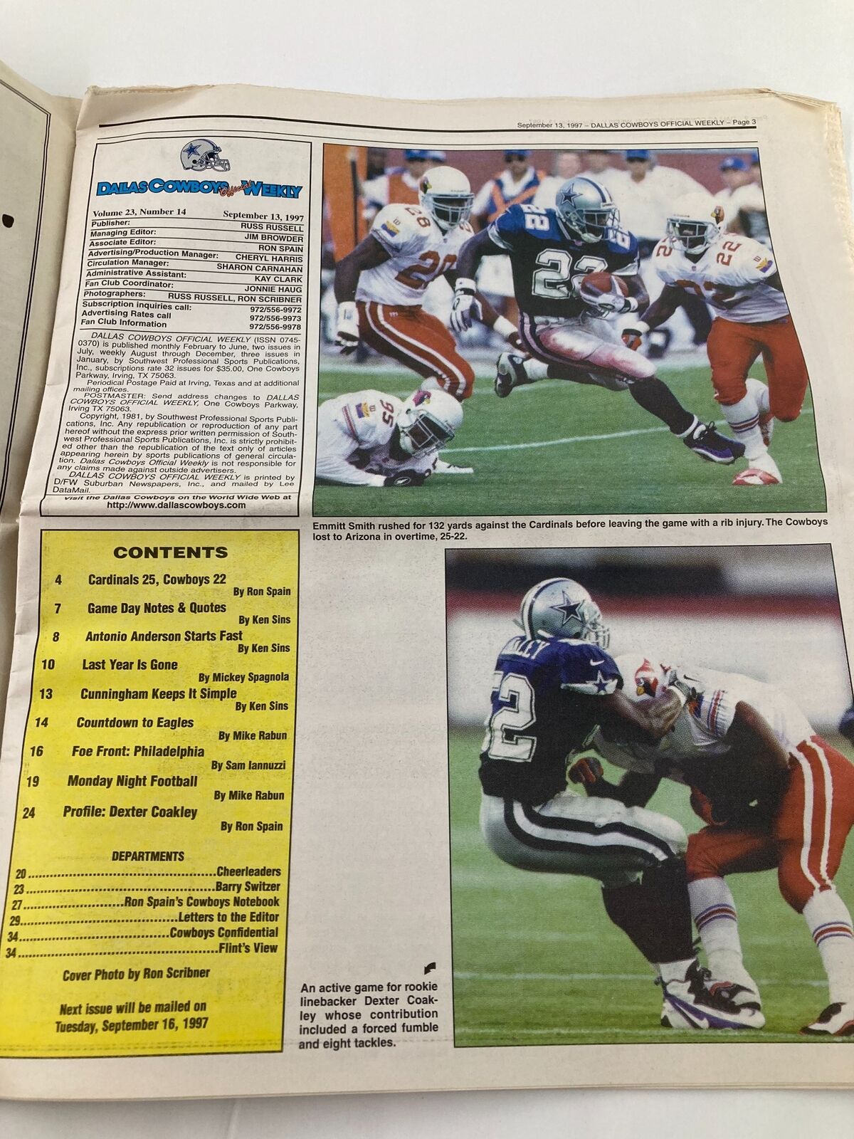 Inside spread of the Dallas Cowboys Weekly Newspaper, September 13, 1997, showcasing player statistics and game content, highlighting Emmitt Smith's performance.