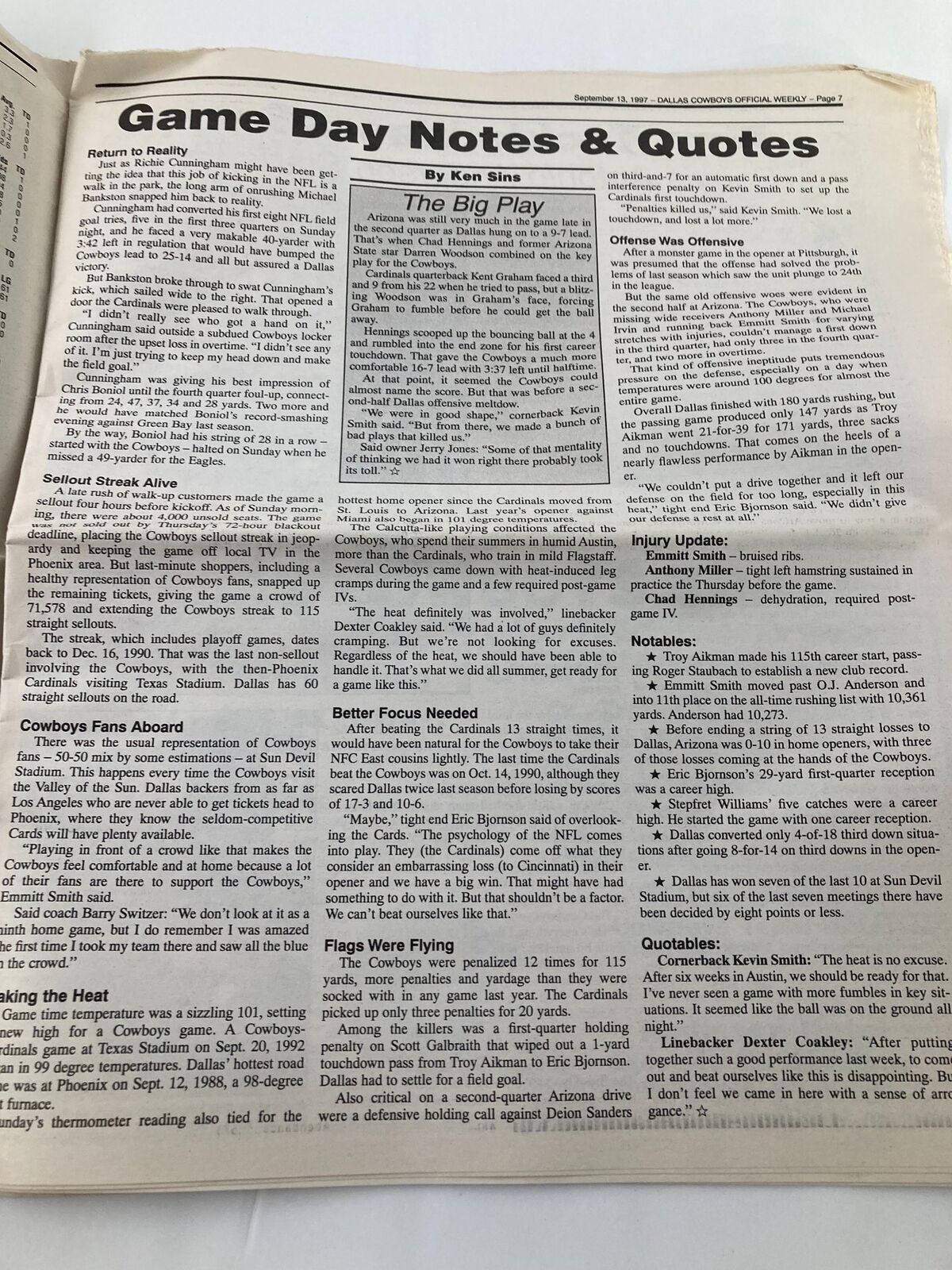 Page from the Dallas Cowboys Weekly Newspaper, September 13, 1997, presenting game day notes and quotes by Ken Stain, discussing various plays and team performance.