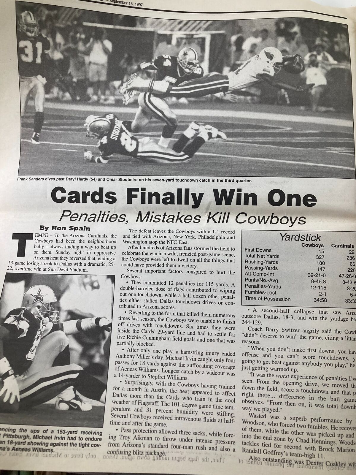Article in the Dallas Cowboys Weekly Newspaper from September 13, 1997, detailing the game summary, including penalties and mistakes that impacted the Cowboys' defeat.