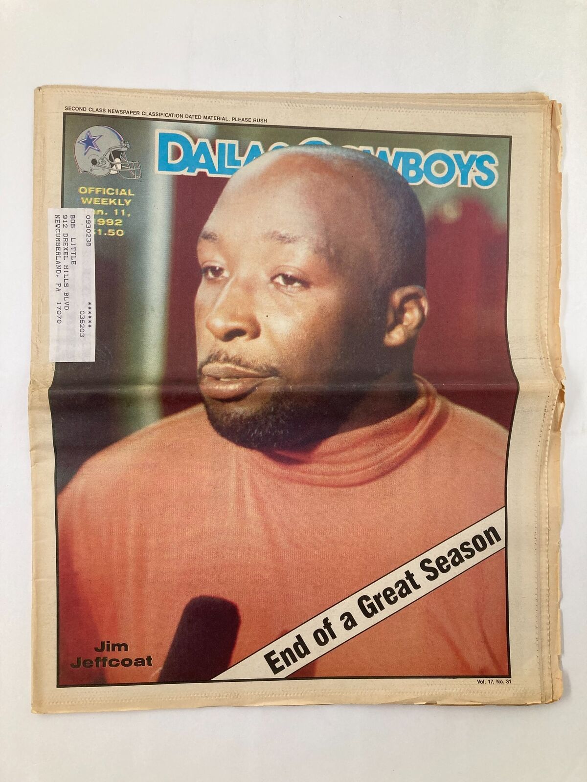 Dallas Cowboys Weekly Newspaper January 11 1992 Vol 17 #31 featuring Jim Jeffcoat, depicting an official weekly issue with a cover photo highlighting the end of a great season.