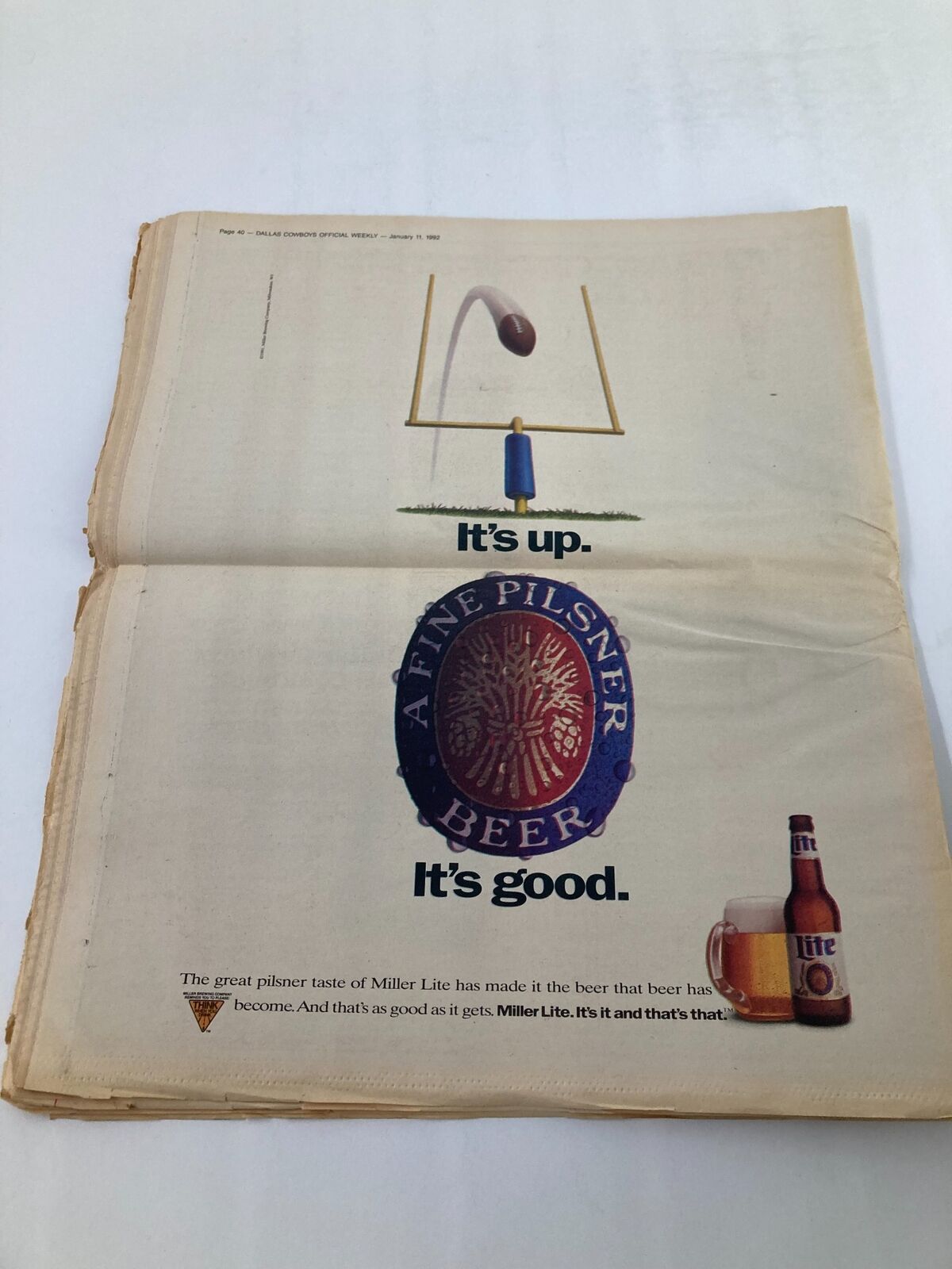 Dallas Cowboys Weekly Newspaper January 11 1992 Vol 17 #31 featuring a vintage advertisement for Miller Lite beer, highlighting the brand's slogan.