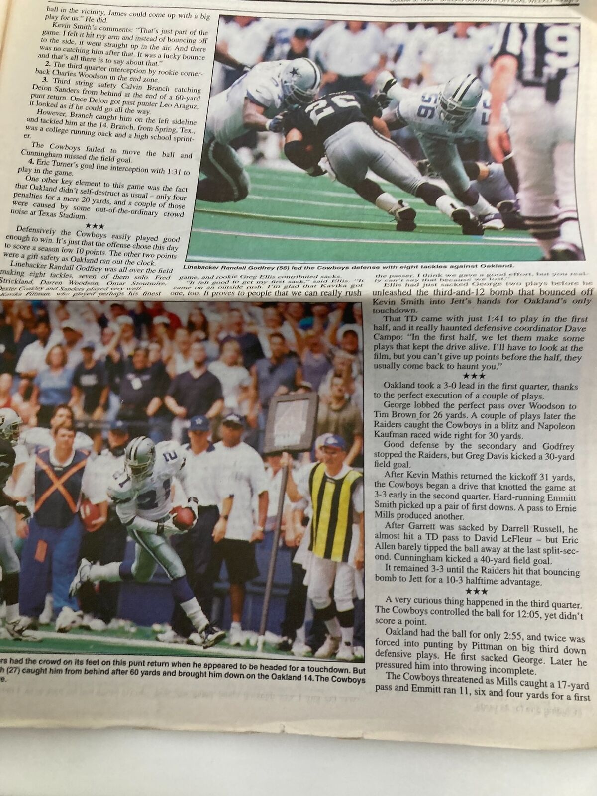 Dallas Cowboys Weekly Newspaper October 3 1998 Vol 24 #16 showcasing Dallas Cowboys player number 12 in action during a game, emphasizing the team's focus on the match against the Raiders.