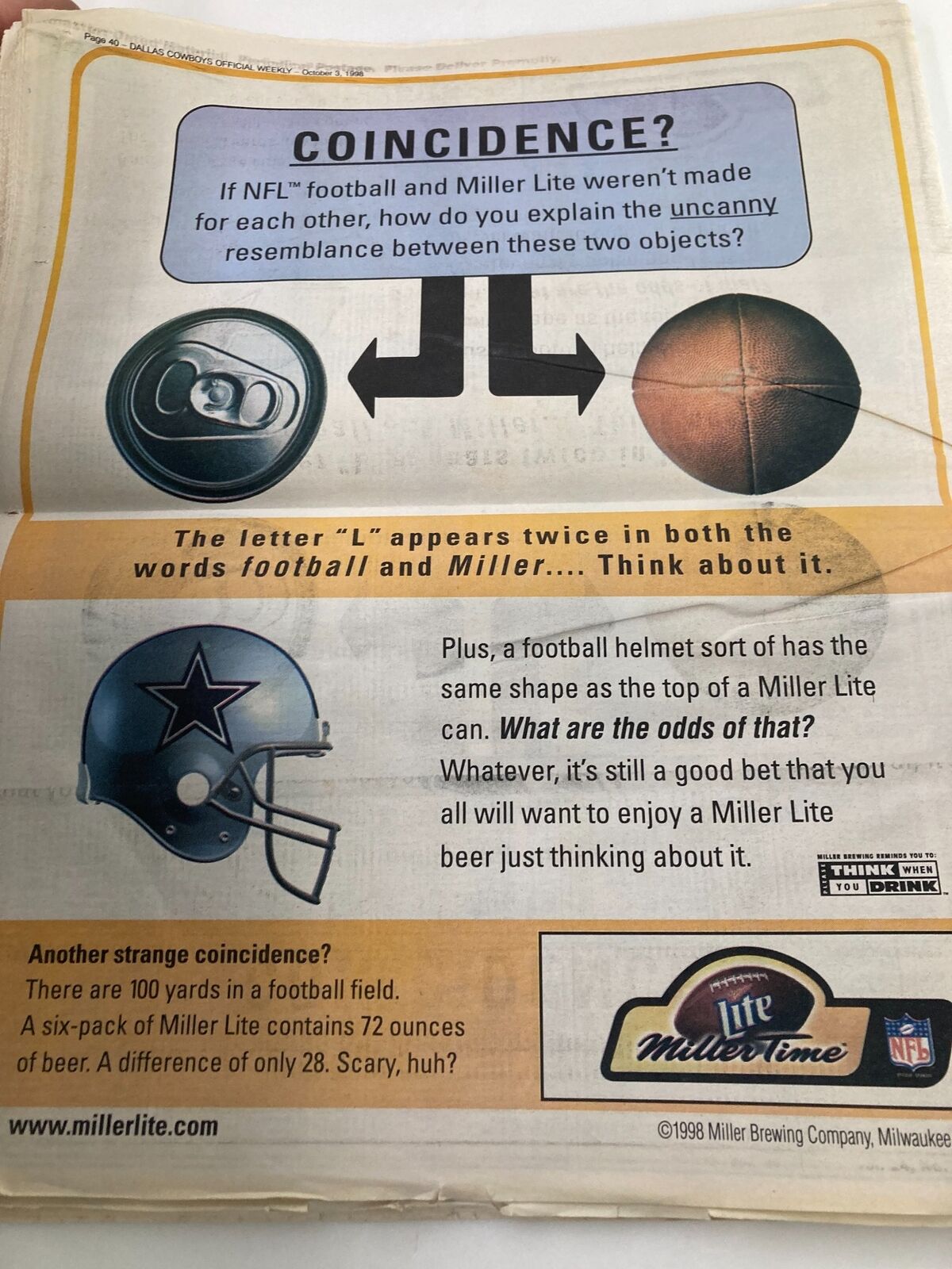Dallas Cowboys Weekly Newspaper October 3 1998 Vol 24 #16 highlighting a Miller Lite advertisement comparing football and beer, featuring the Cowboys logo and discussing coincidences.