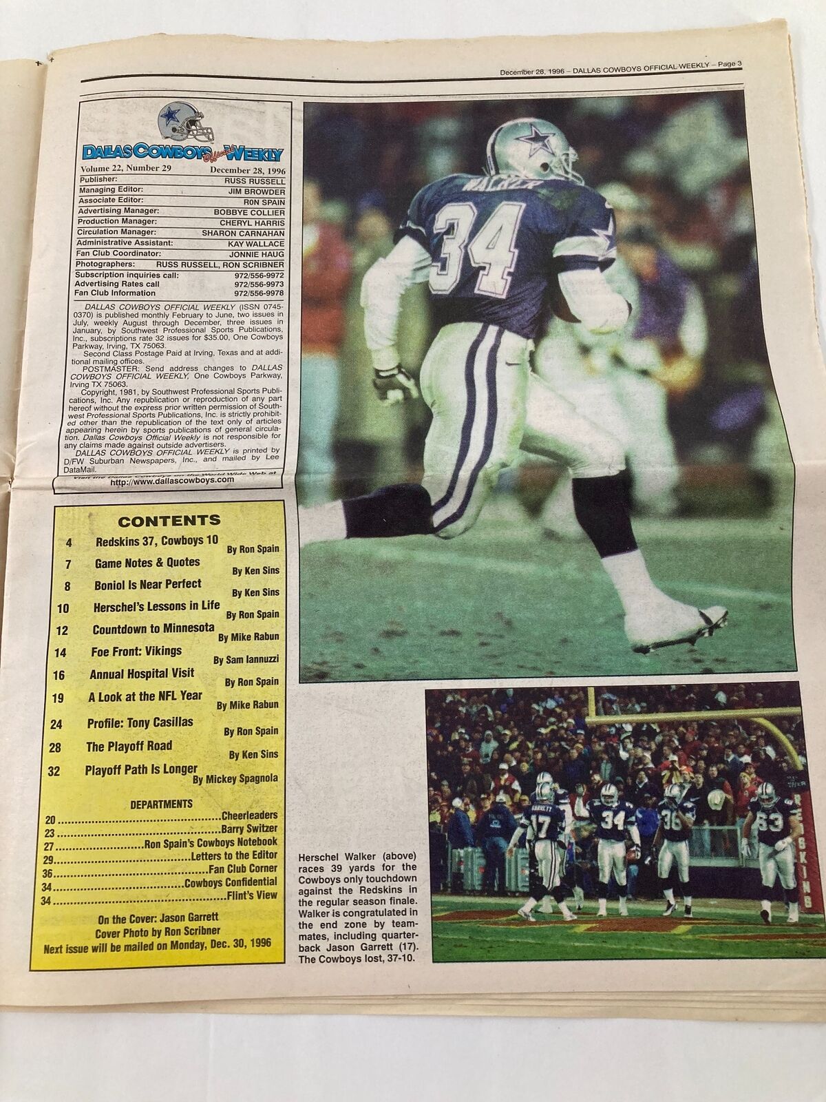 Interior page of Dallas Cowboys Weekly Newspaper December 28 1996 Vol 22 #29 featuring a photograph of Herschel Walker on the field, showcasing his performance.